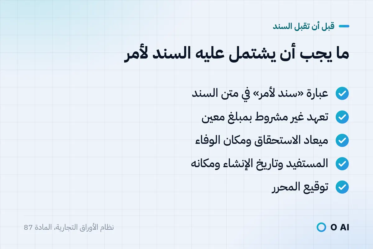 بطاقة: قائمة تحقق بالبيانات التي يجب أن يشتمل عليها السند لأمر وفق المادة 87.