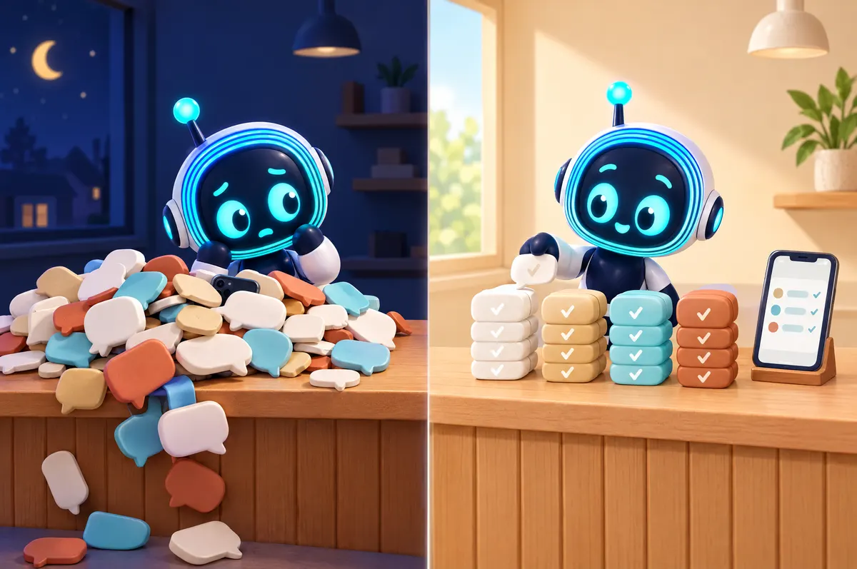 Split cartoon: at night a worried O-bot sits behind a heap of chat bubbles; by day it stacks them by colour, each ticked.