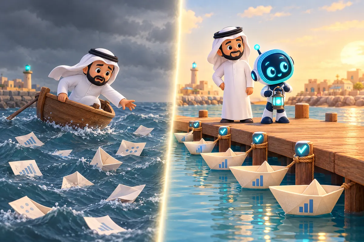 3D split scene: paper slips adrift on rough water, then moored as neat paper boats at a jetty where O-bot stands.