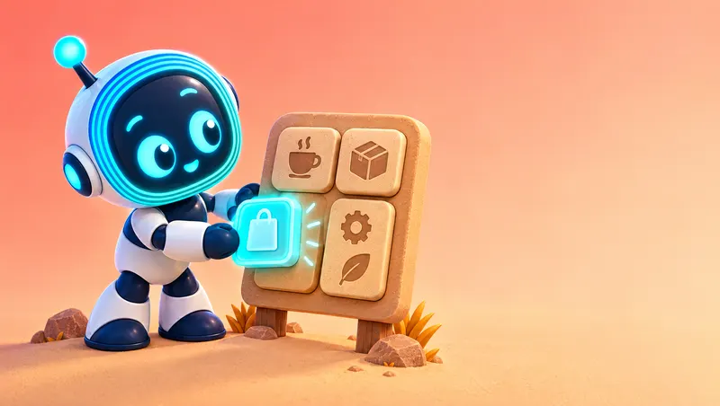 3D cartoon: O-bot slots a new glowing tile into a neat grid of activity icons on a small board.