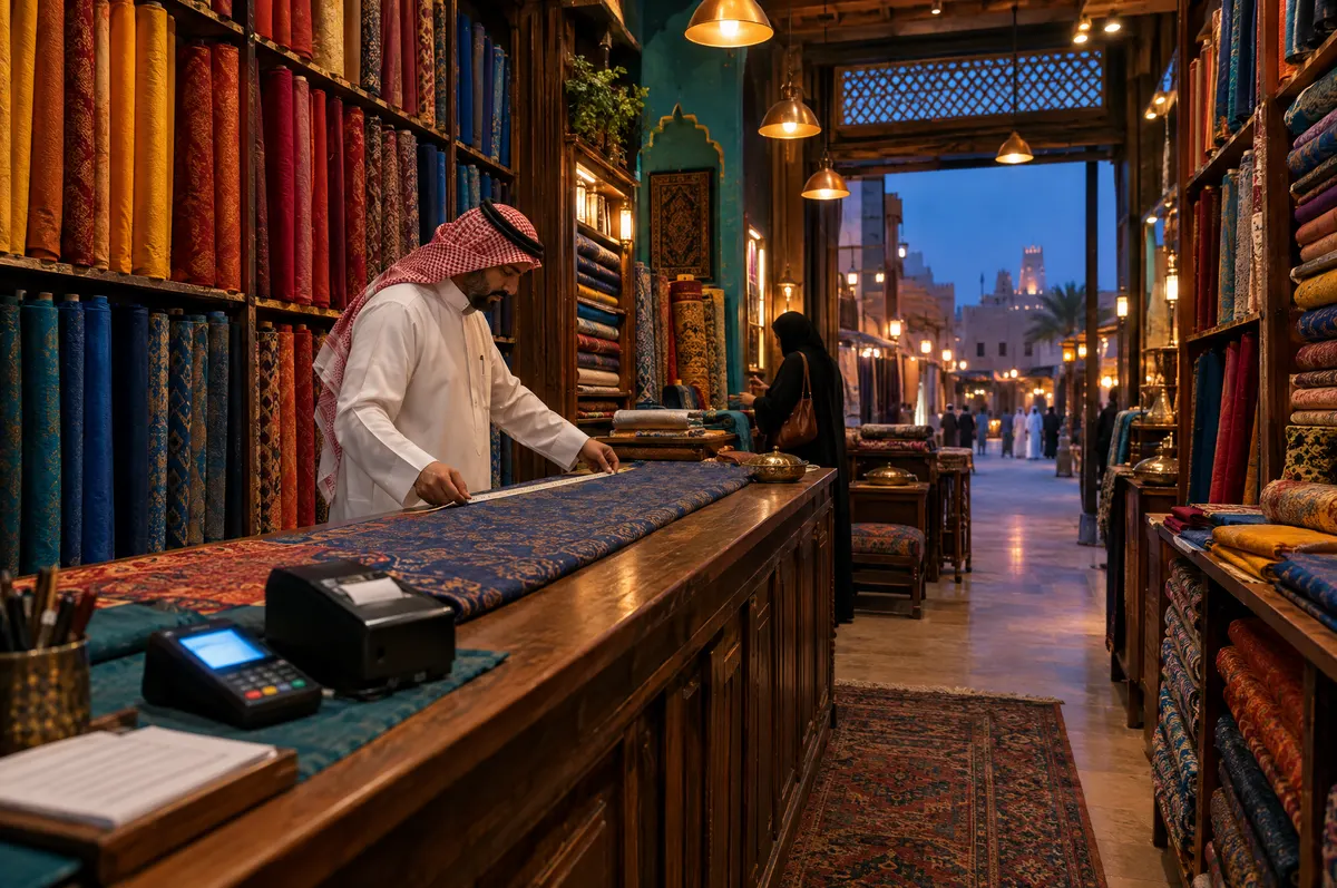 بائع سعودي يقيس القماش على طاولة محل أقمشة في سوق تقليدي تحيط به لفائف ملونة، وبجانبه جهاز دفع.