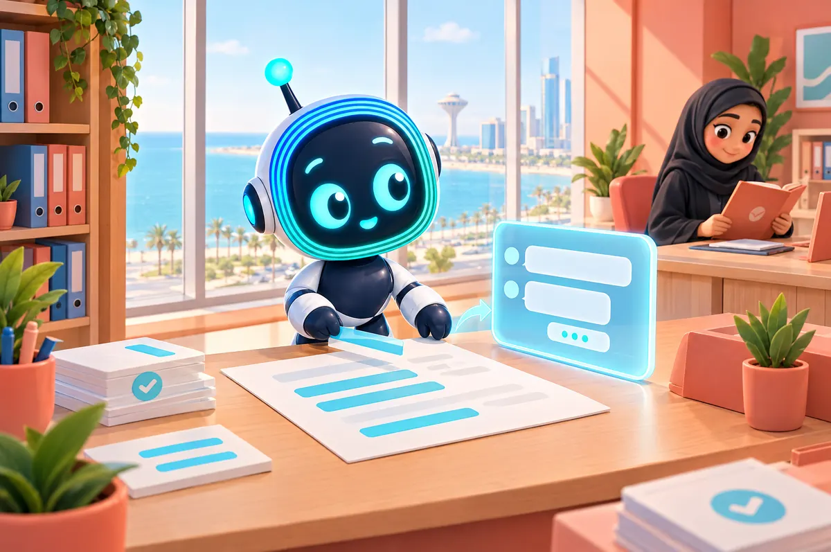 3D cartoon: O-bot masks parts of a blank document before sending it to a chat window as a Saudi woman reviews files.