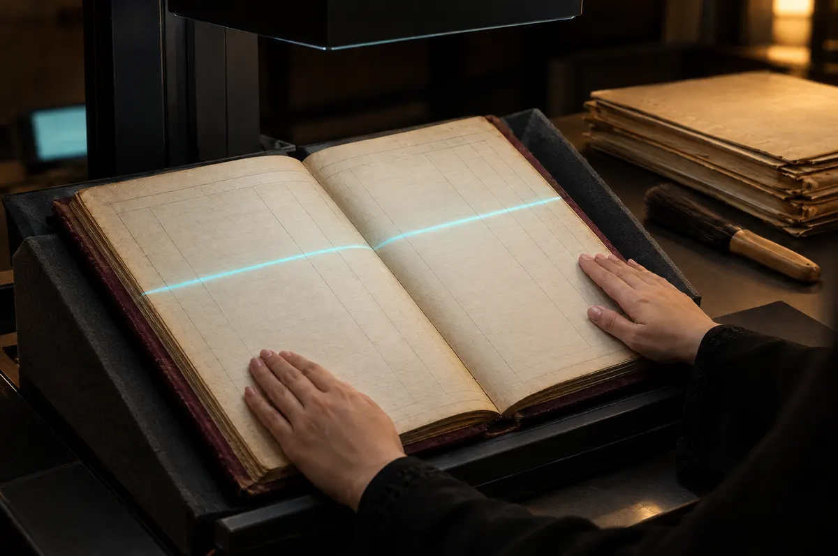 Hands in black abaya sleeves flatten an old ledger under an overhead book scanner as a cyan line of light crosses the page.