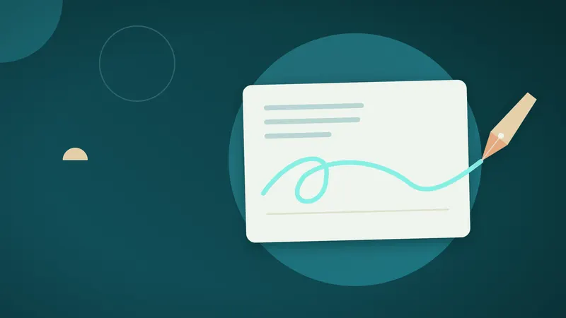 Abstract teal composition of a pen nib drawing a signature stroke across a document card.