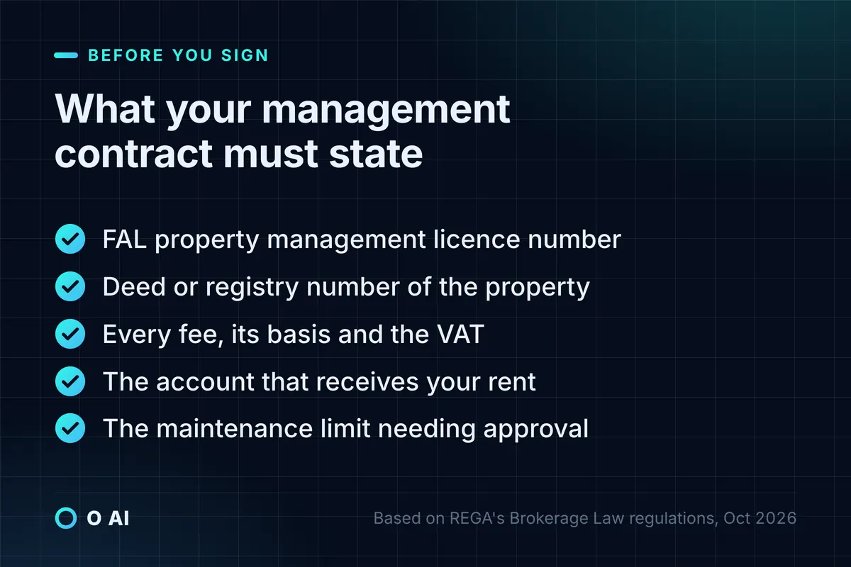 Card: a management contract should state the FAL licence, deed number, each fee, rent account and maintenance limit.