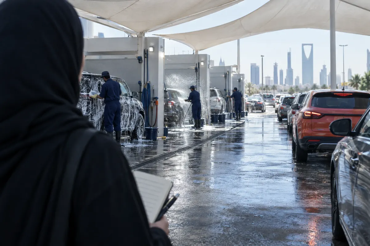 Over-the-shoulder view of a woman in an abaya with a notebook, watching workers wash cars at a shaded car-wash forecourt.
