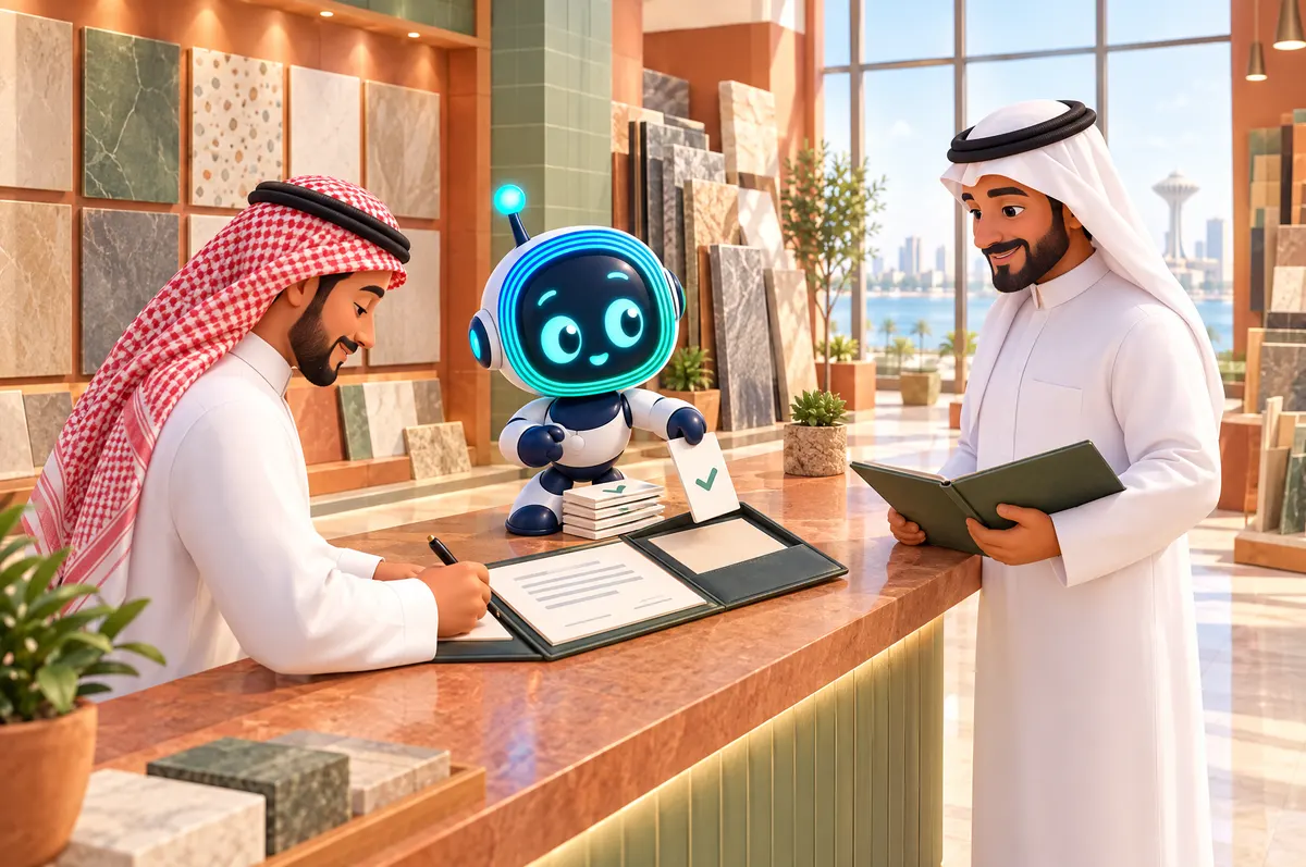 3D cartoon: a buyer in a shemagh signs at a showroom counter as O-bot files checked cards and a supplier holds a folder.