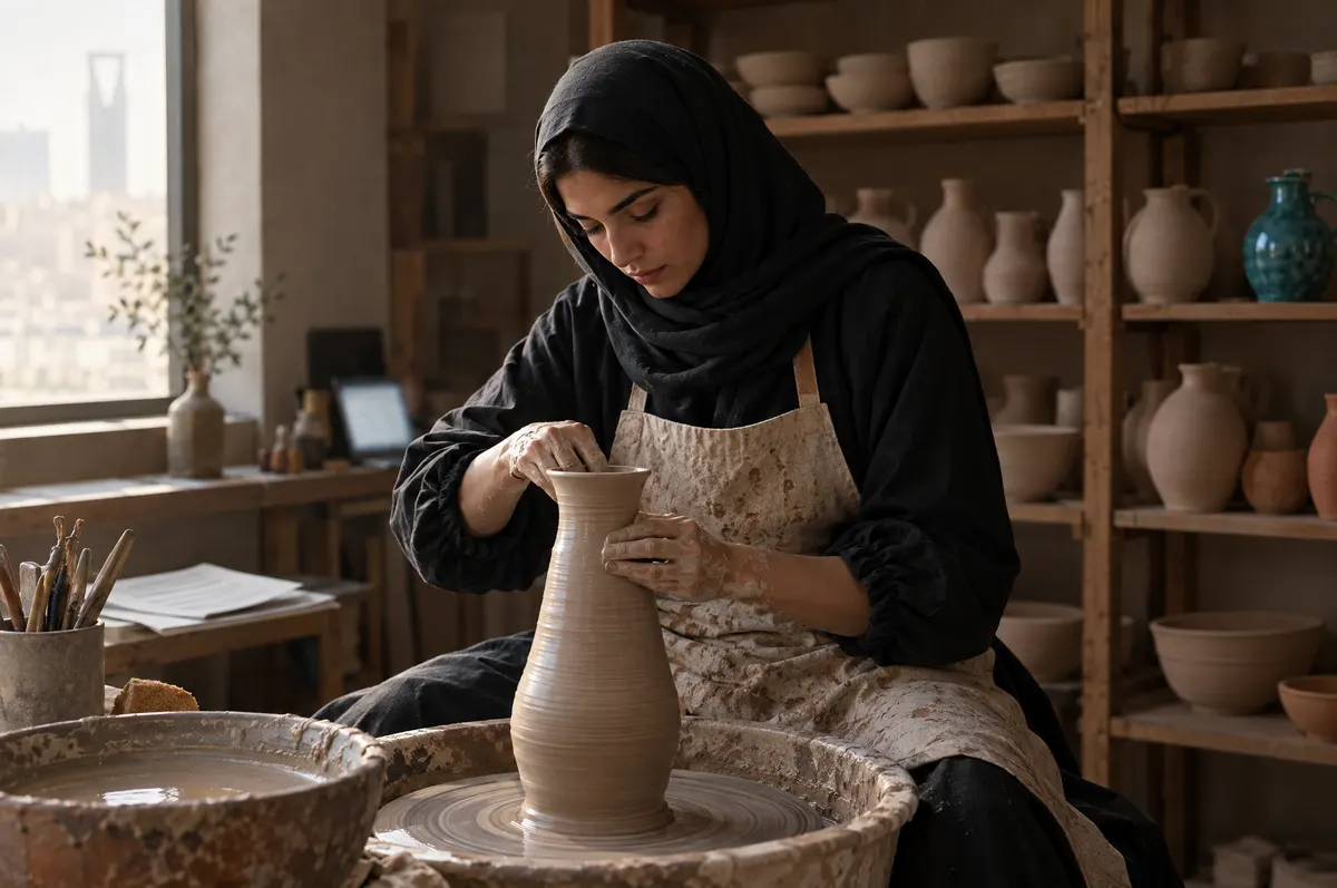 امرأة سعودية بعباءة وحجاب تشكّل مزهرية على عجلة الفخار في مرسم صغير تصطف فيه أوانٍ تجف.