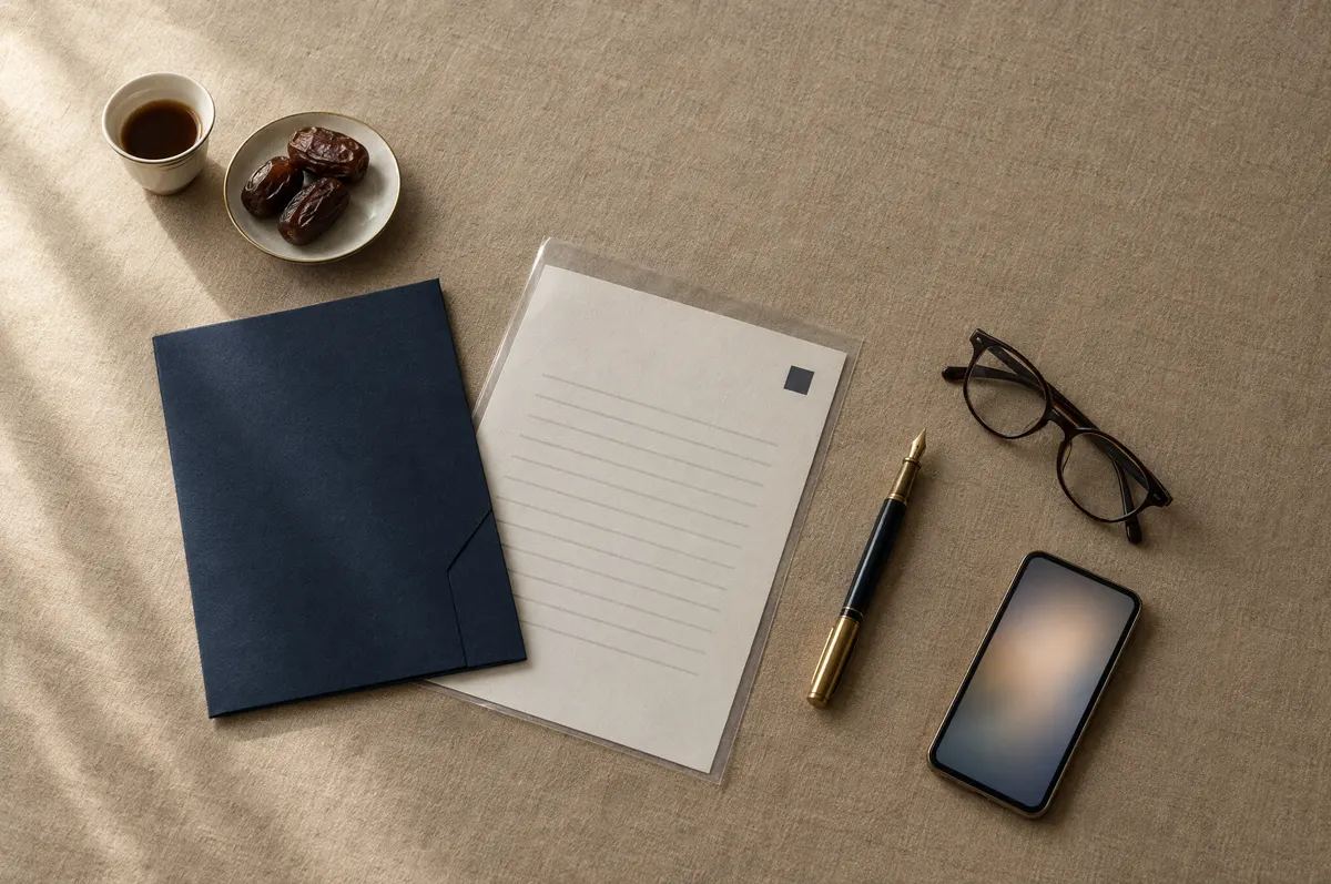 Top-down flat lay of a printed page in a clear sleeve, a navy folder, pen, glasses, a phone and Arabic coffee with dates.