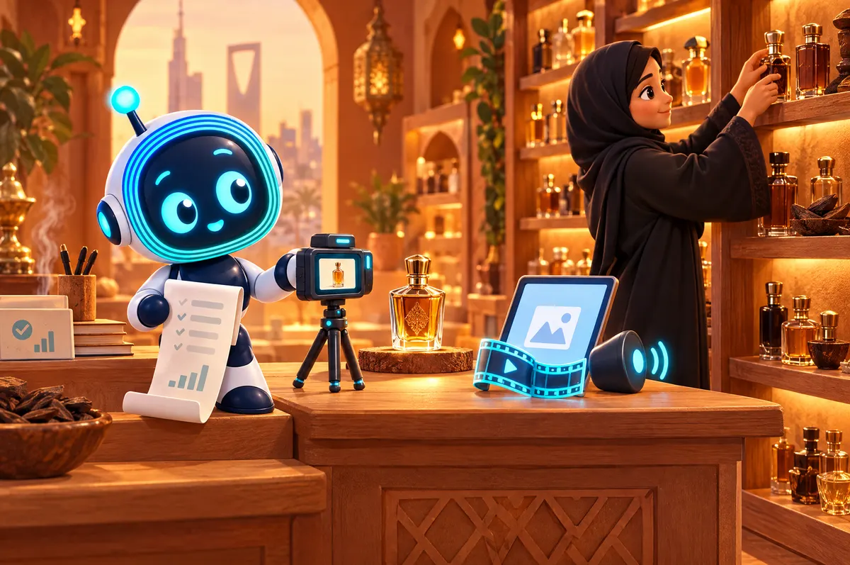 3D cartoon: in a perfume shop, O-bot makes a page, a product photo, a clip and a sound icon as the owner arranges bottles.