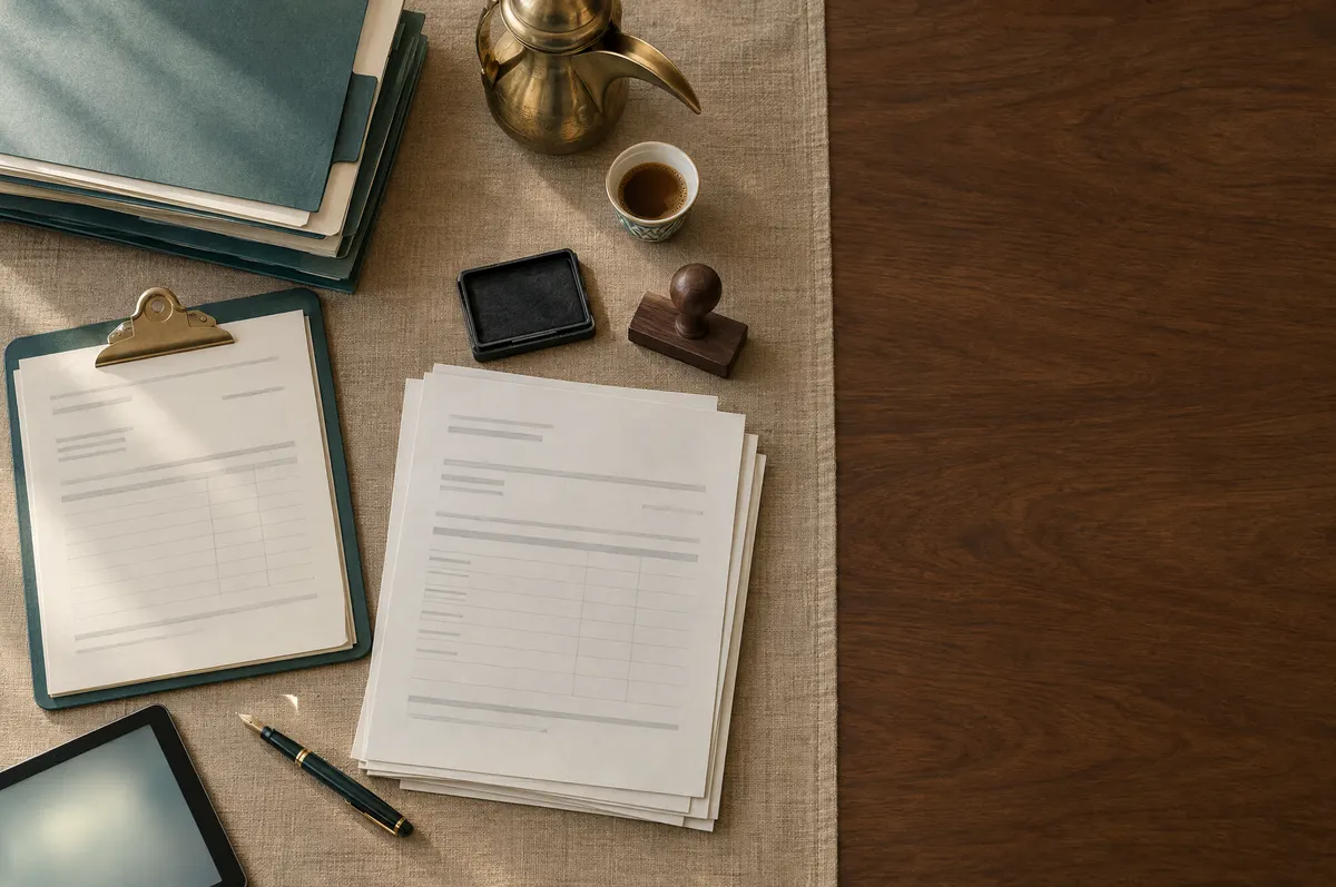Top-down view of a walnut desk with purchase folders, supplier invoices, a stamp, a pen, Saudi coffee and a glowing tablet.