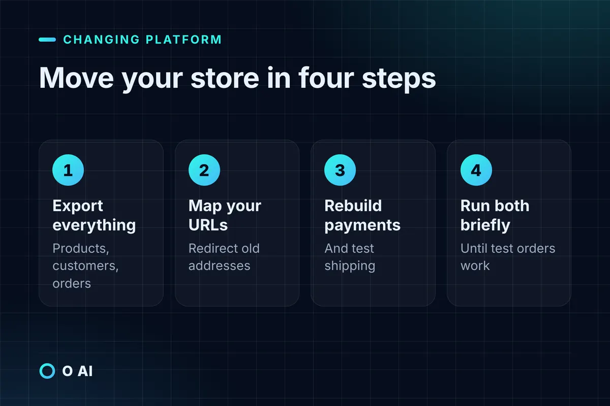 Card: four steps to move an online store: export, map URLs, rebuild payments, run both briefly.