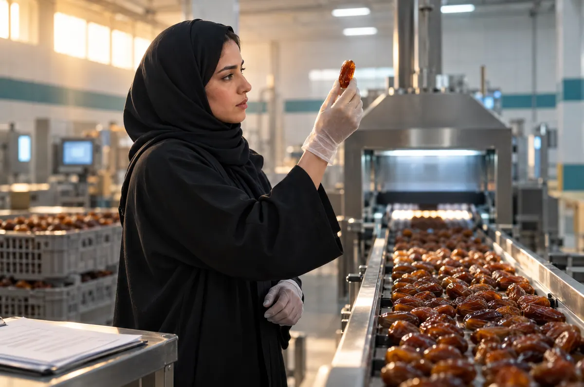 A woman in an abaya, hijab and gloves holds up a date to inspect it beside a conveyor of dates in a packing plant.