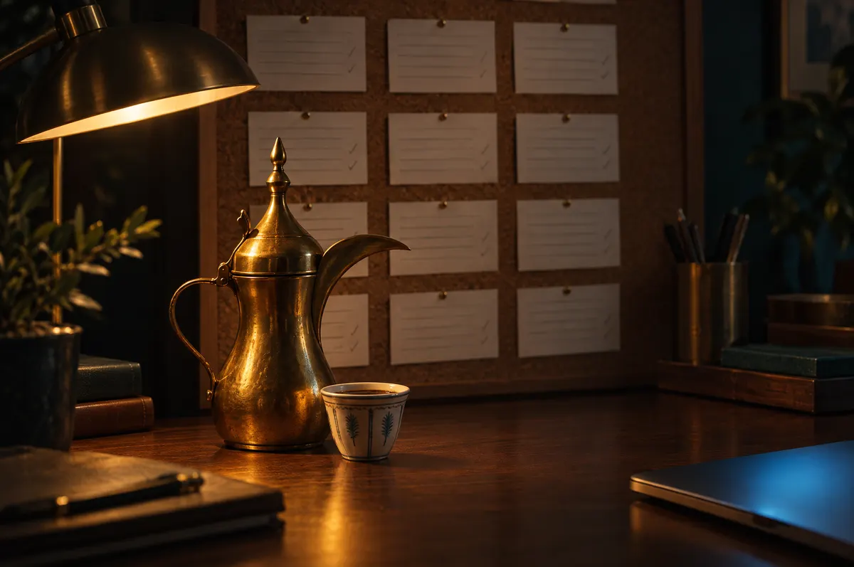 Index cards pinned on a cork board beside a dallah and a finjan under a desk lamp at night.