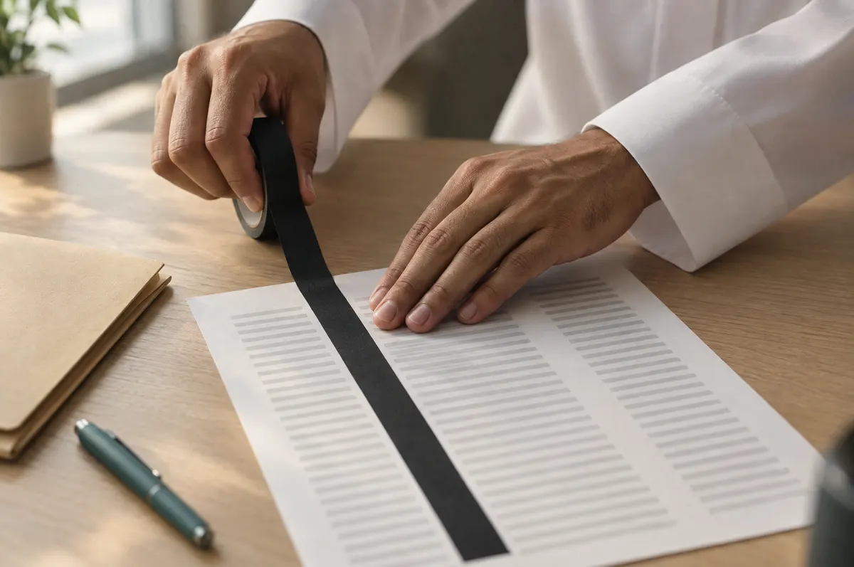 لقطة قريبة ليدين بأكمام ثوب أبيض تغطيان عمودًا في قائمة مطبوعة بشريط لاصق على مكتب خشبي.