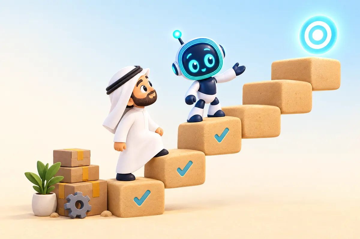 Cartoon: O-bot guides a Saudi business owner up sand-coloured steps, the lower ones checked, toward a glowing target.