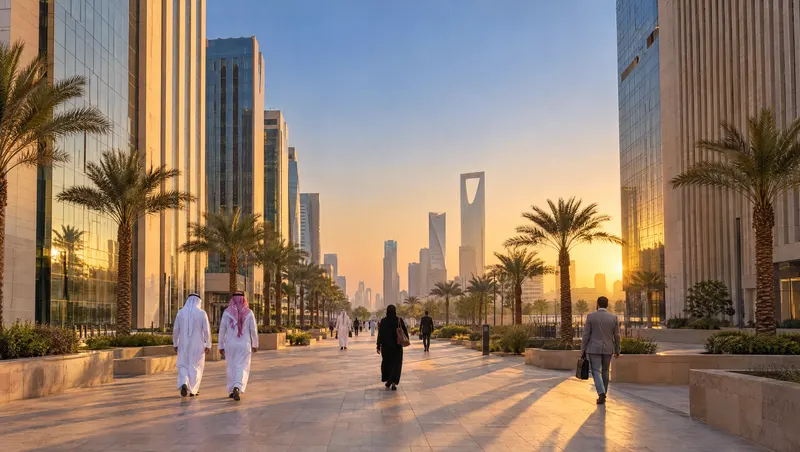 People in thobes, an abaya and a suit walk down a palm-lined Riyadh boulevard between glass towers at golden hour.