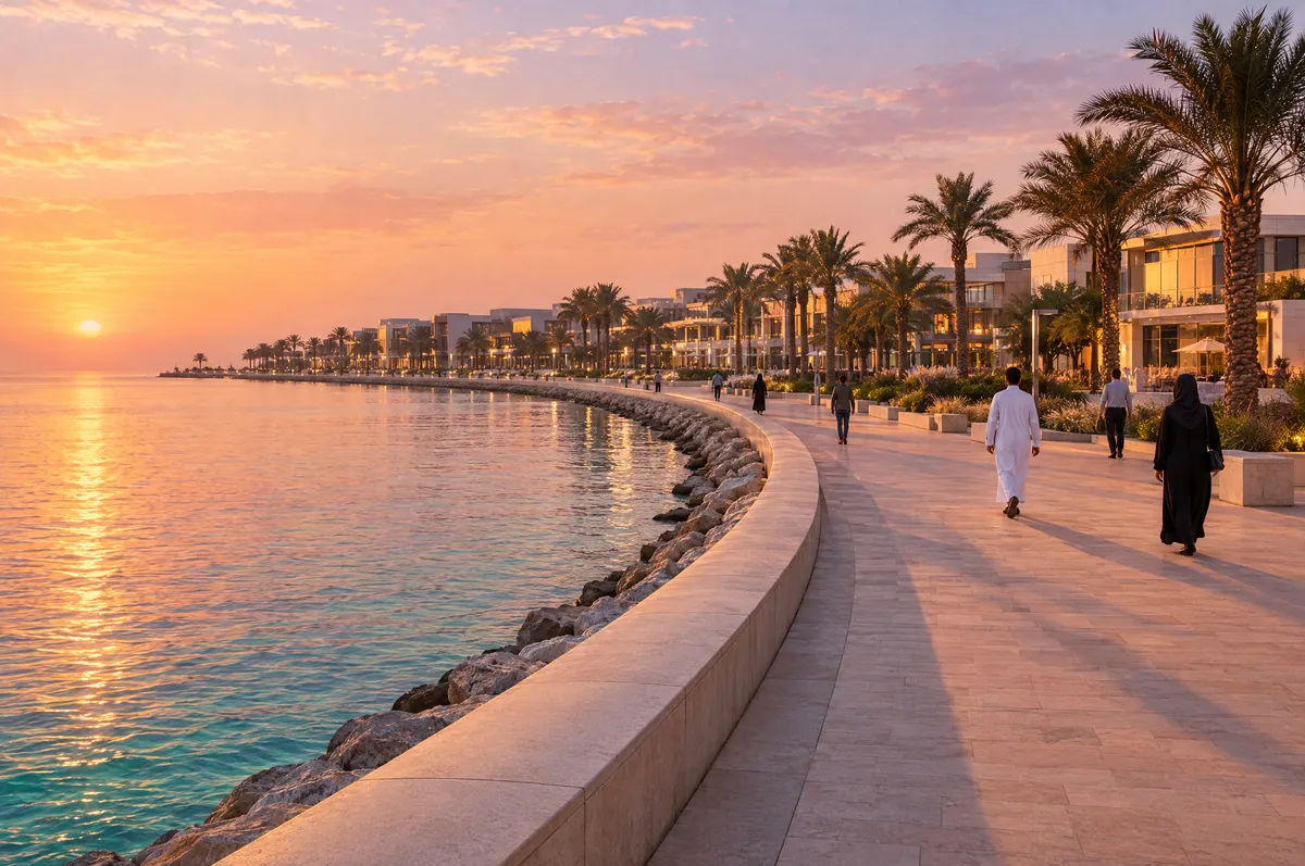 Golden-hour seafront promenade in Al Khobar with palm trees, calm water and a few people walking.