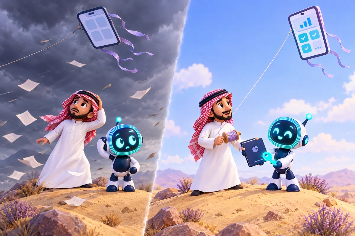 3D cartoon split scene: a phone-shaped kite pulls away from a Saudi owner, then he holds its spool as O-bot hands him a key.