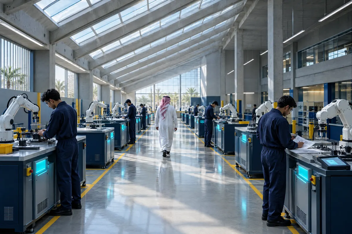 Wide view of a robotics training lab where trainees in coveralls work at benches of robot arms as an instructor walks by.
