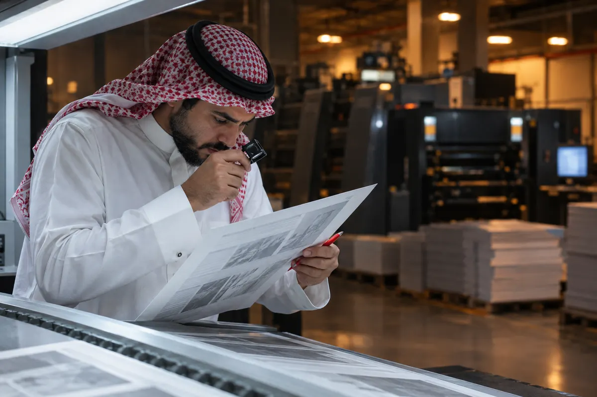 A man in a thobe and red-and-white shemagh checks a printed proof with a loupe and a red pen, presses blurred behind him.