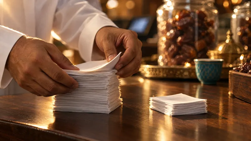 Close-up of a shopkeeper's hands splitting a stack of blank receipts into a tall pile and a small pile on a wooden counter.