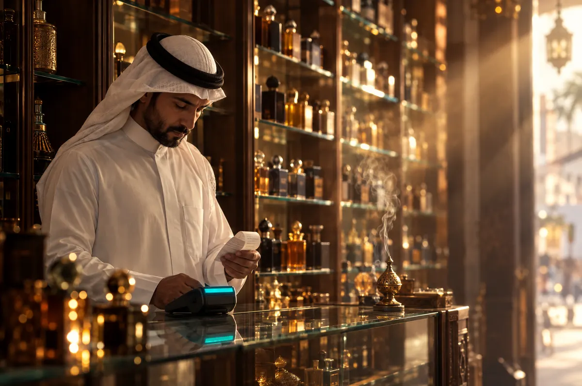 صاحب محل عطور بالثوب يتأمل إيصالًا من جهاز البطاقات، وخلفه زجاجات عطر ودخان بخور.
