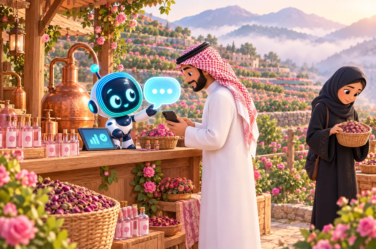 3D cartoon: at a Taif rose farm stall, O-bot holds up a dotted speech bubble to help a farmer in a thobe answer a call.