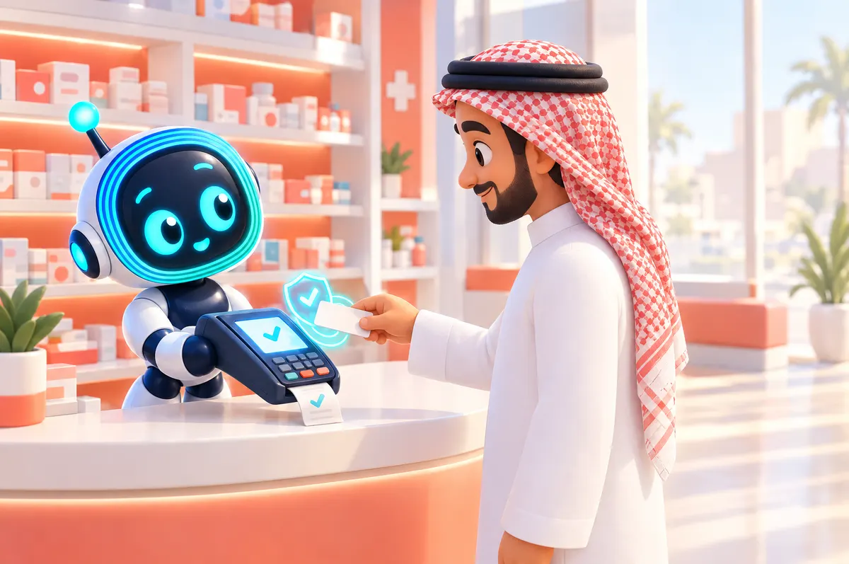 رسم ثلاثي الأبعاد: في صيدلية، O-bot يمد جهاز البطاقات وعميل سعودي يلمسه ببطاقة فارغة داخل هالة درع زرقاء.