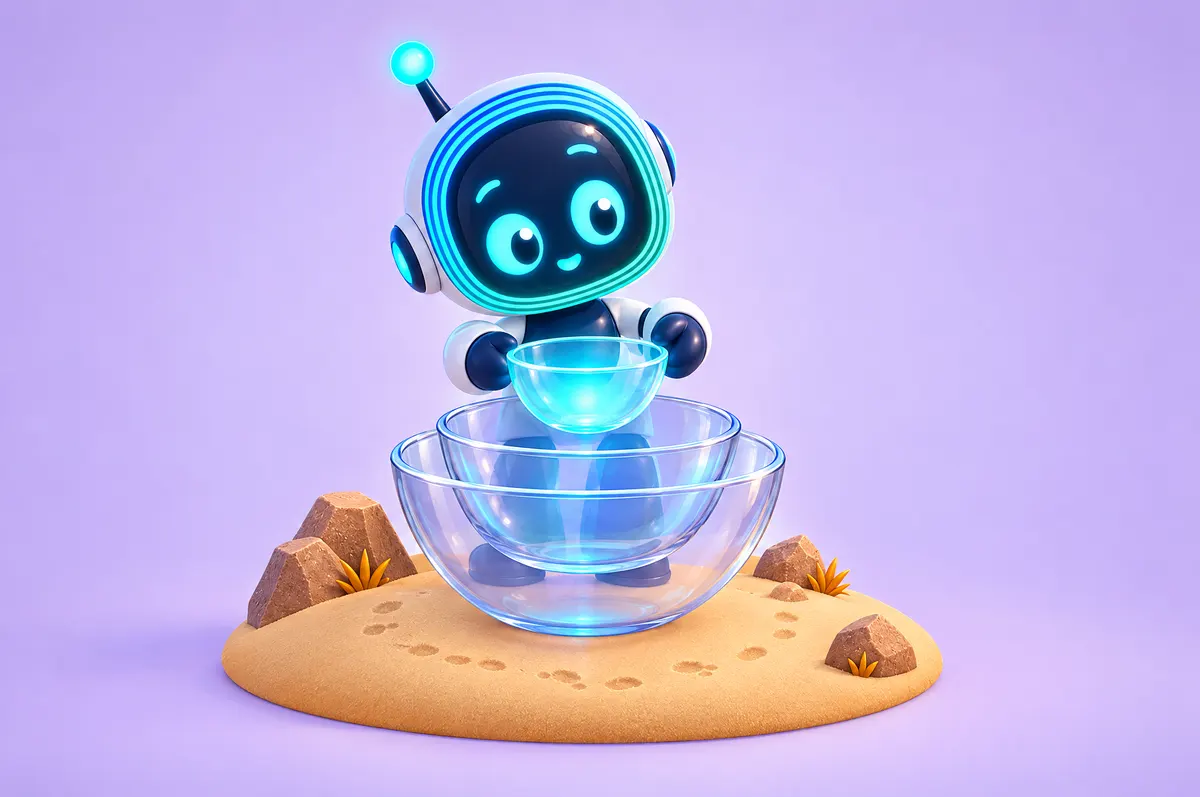 3D cartoon: O-bot places the smallest of several nested glass bowls into the centre of the set.
