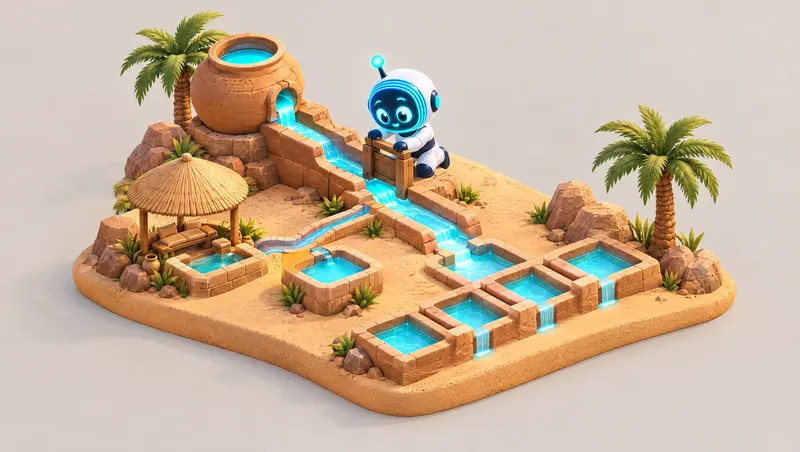 Isometric 3D diorama of water channels: a tank feeds side channels and a row of small pools as O-bot adjusts a gate.