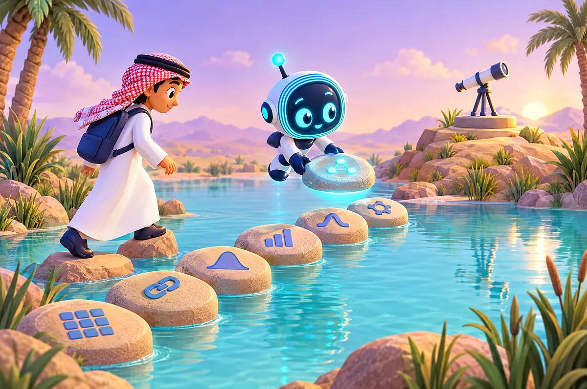3D cartoon: a young Saudi in a thobe and shemagh crosses icon stepping stones to a telescope as O-bot sets the next stone.