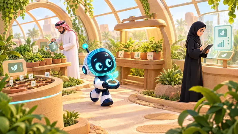 3D cartoon: in a clay-and-glass greenhouse, O-bot carries a glowing seedling as staff tend plants and check a tablet.