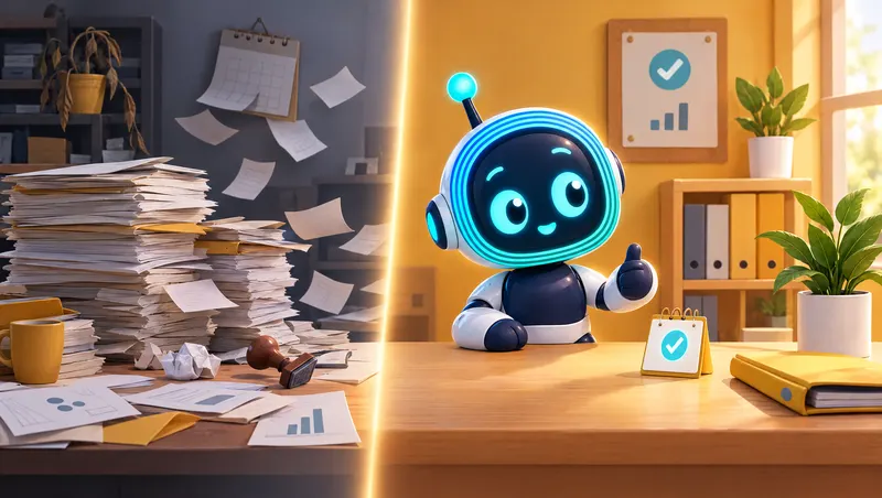 رسم ثلاثي الأبعاد منقسم: مكتب مزدحم بأكوام الأوراق يسارًا، وO-bot على مكتب مرتب أمام بطاقة تقويم عليها علامة صح.