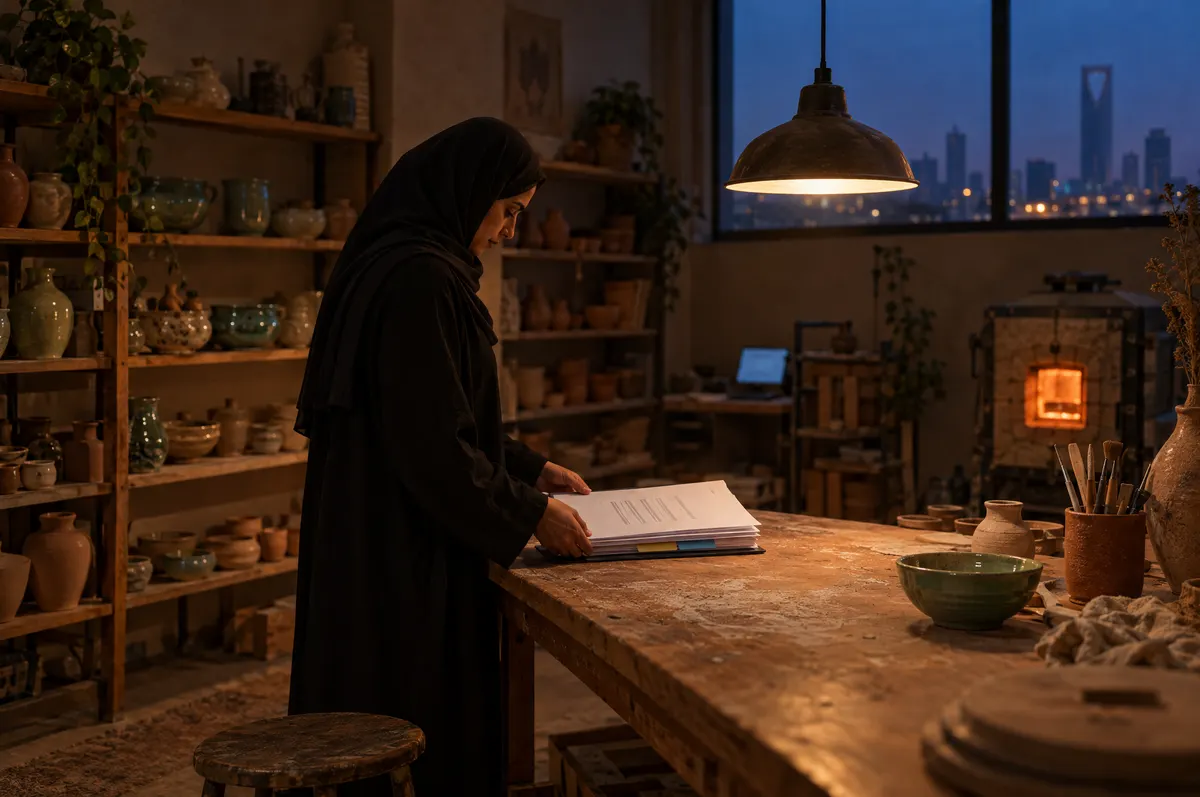 A Saudi woman in an abaya squares a tidy folder of statements at a pottery-studio worktable at dusk, shelves of pots behind.