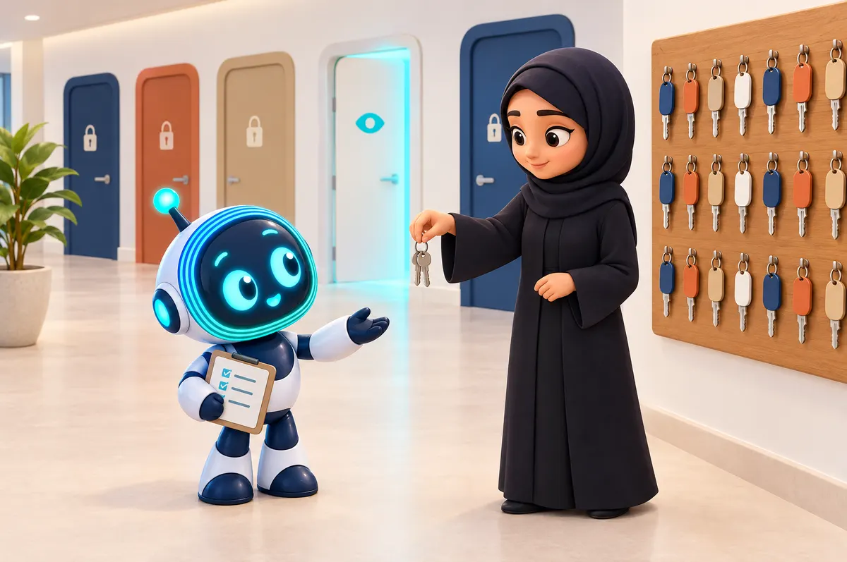 3D cartoon: a Saudi woman in an abaya hands O-bot a small key ring; most keys stay on the board and doors show padlocks.