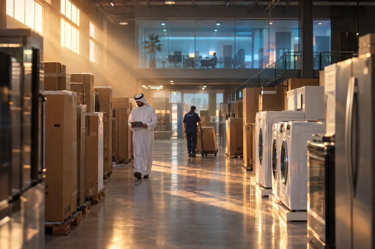 Wide view of an appliance stockroom with carton rows, a manager in a thobe with a clipboard and a worker with a hand truck.