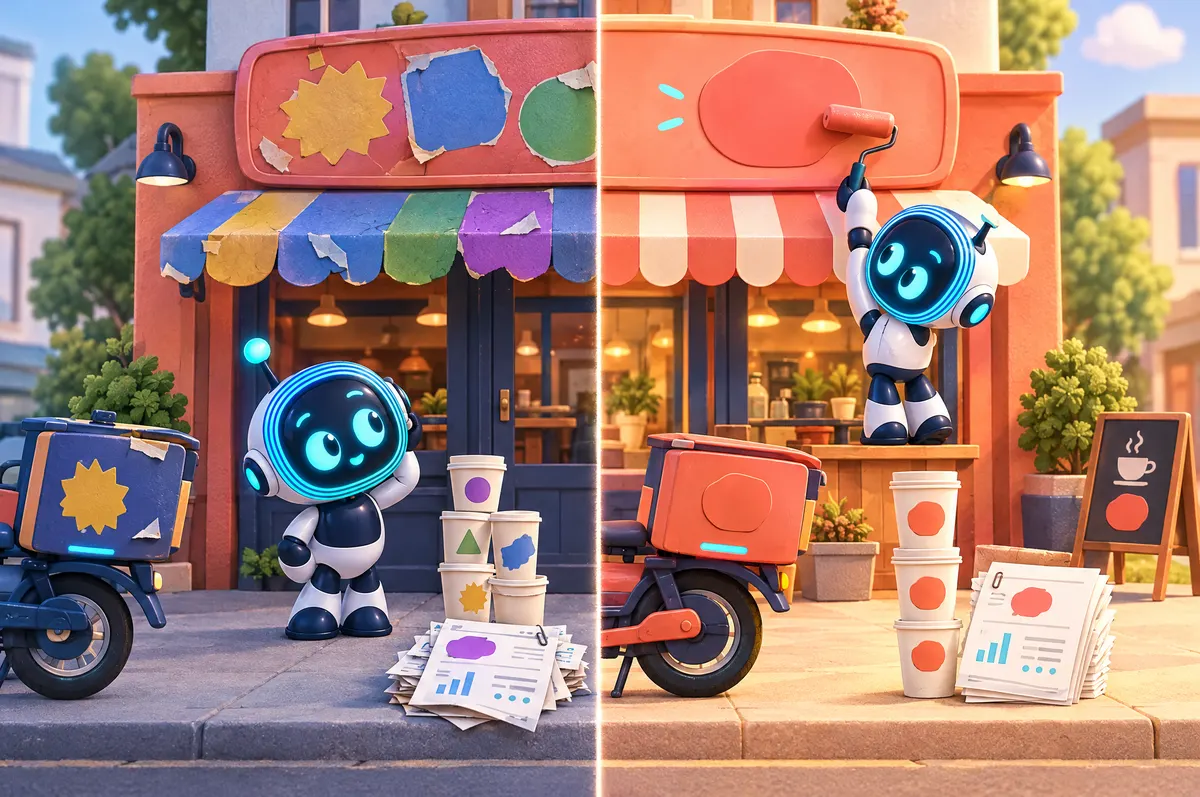 3D cartoon split scene: a café front with mismatched blank badges, then the same café with one matching badge everywhere.