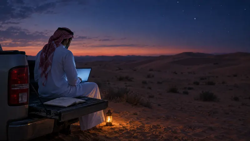 شاب سعودي بثوب وشماغ يعمل على حاسوب مضيء فوق مؤخرة شاحنة صغيرة في الصحراء عند الغسق، وفانوس على الرمل.