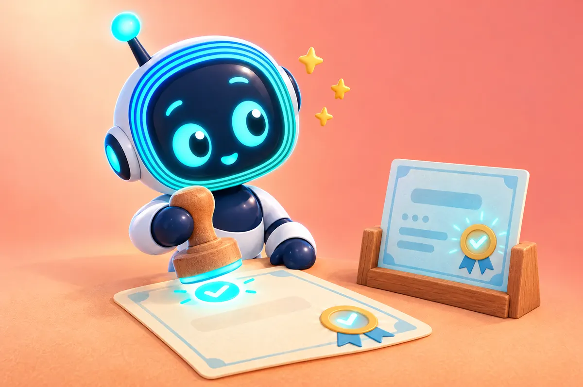 3D cartoon: O-bot stamps a glowing check mark onto a blank certificate with a ribbon seal, another certificate in a rack.