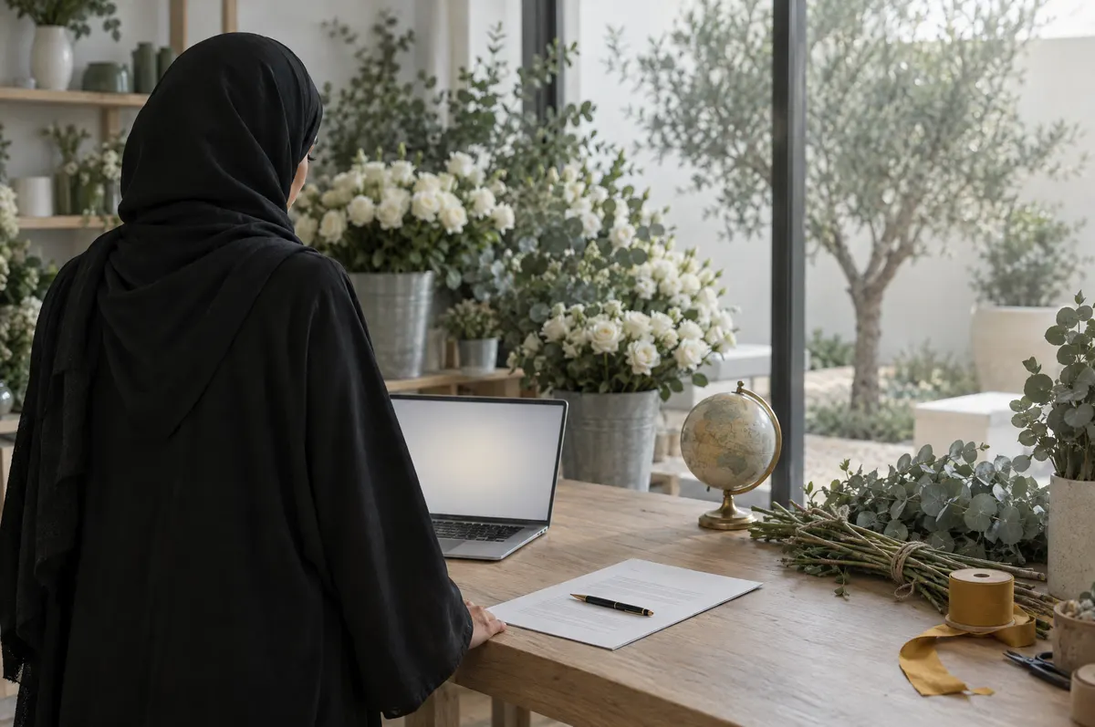 Over-the-shoulder view of a Saudi woman in an abaya reviewing a contract by a laptop and a small globe in her flower studio.