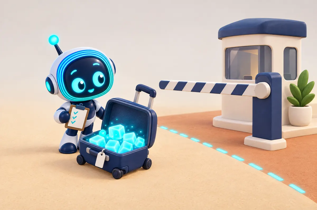 Cartoon: O-bot holds a checklist beside an open suitcase of glowing cyan cubes, before a lowered barrier at a border line.