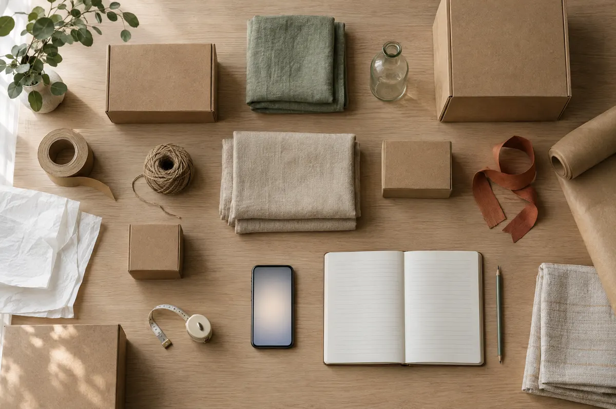 Top-down view of a packing table with kraft boxes, folded fabric, a glass bottle, twine, tape and a phone with a soft glow.
