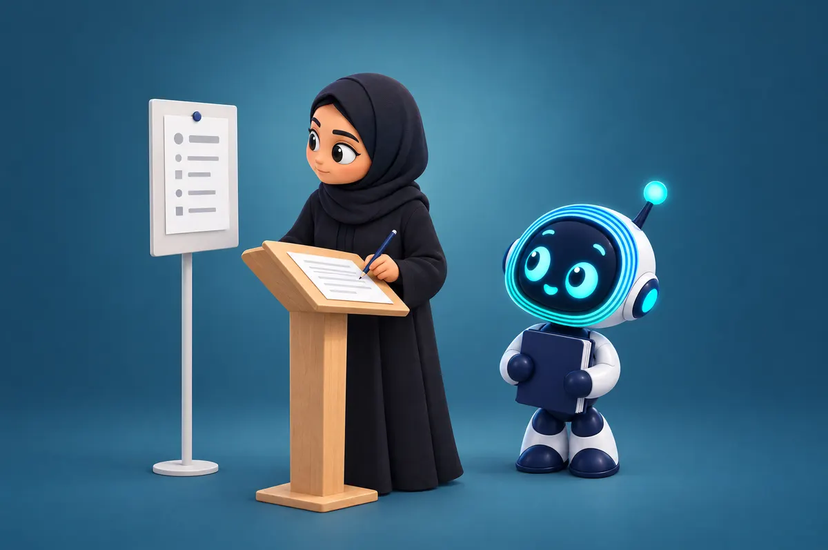 رسم كرتوني: محامية سعودية عند منصة قراءة تقارن مسودة بورقة القضية المثبتة بجانبها، والروبوت O-bot ينتظر حاملًا الملف.