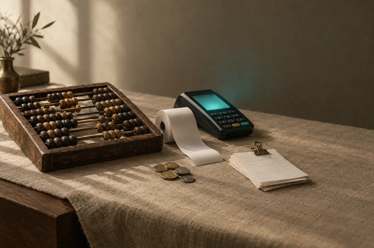 Still life: an old wooden abacus beside a modern card terminal, a curl of blank receipt paper and a few coins on linen.