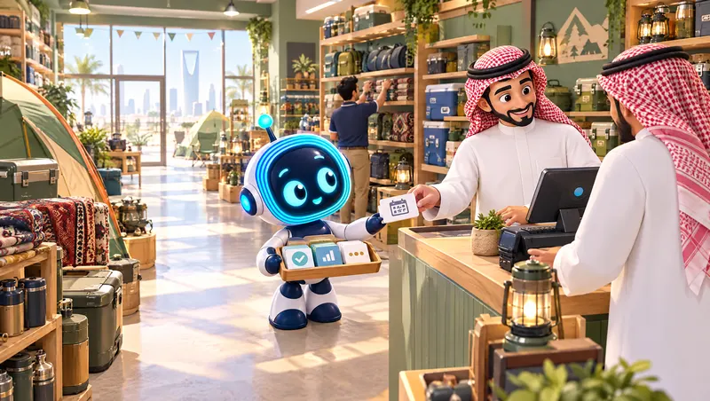 3D scene in a camping-gear shop: a Saudi owner in a shemagh serves a customer while taking a card from O-bot's tray.