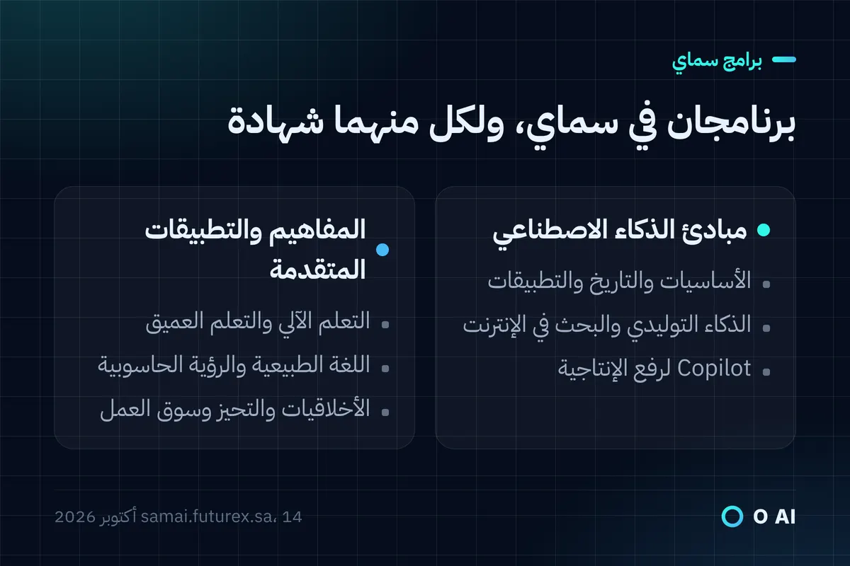 بطاقة: برنامجا «سماي»، مبادئ الذكاء الاصطناعي ومفاهيمه وتطبيقاته المتقدمة، وموضوعات كل منهما.