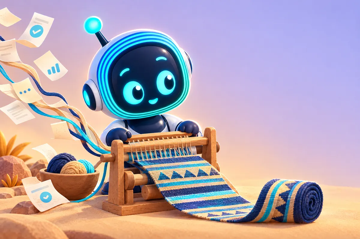 3D cartoon: O-bot at a small hand loom turns loose paper slips into threads and weaves them into a neat striped band.