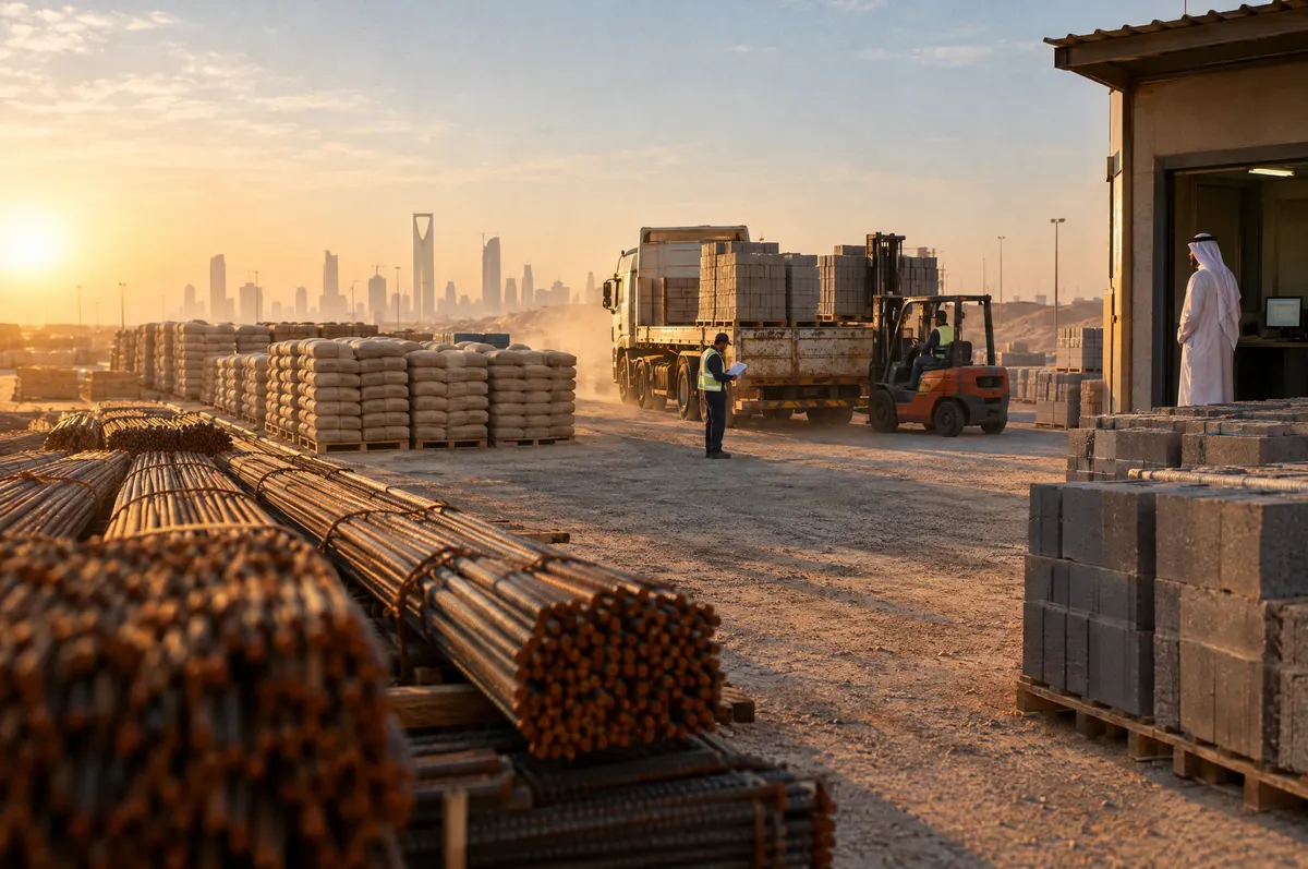 Wide view of a building-materials yard at sunrise; a clerk in a safety vest checks a delivery while a supervisor looks on.
