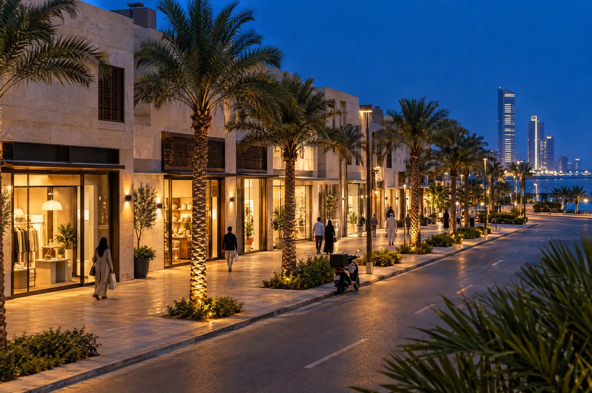 A street of lit shopfronts and palm trees in Al Khobar at blue hour, with towers glowing in the distance.